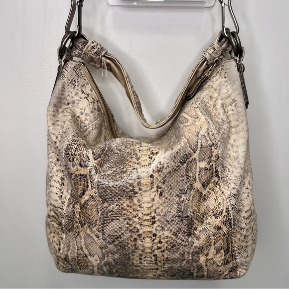 Coach Kristin Embossed Gray/Beige/Tan Leather Python Print Hobo Handbag Zip Top - Picture 3 of 16